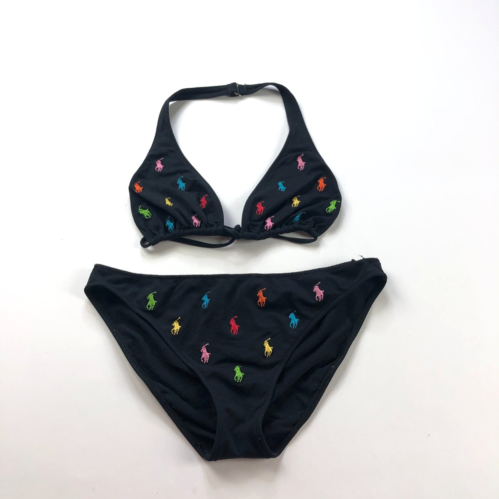 VINTAGE Ralph Lauren OS Polo Bikini Embroidered Pony Logo Swimsuit Set Black